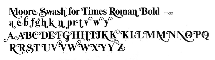 Glyph set for Moore Swash as shown in The World-Famous Photo Typositor Alphabet Library, VGC, 1973
