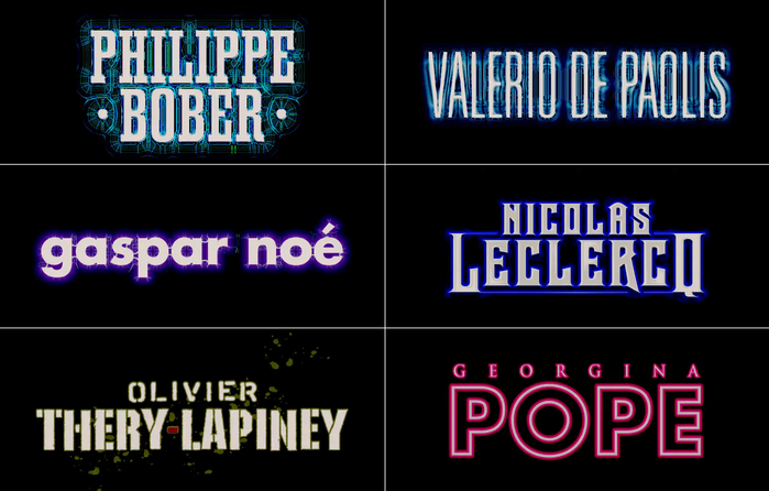 The names of the co-producers are set in , , , an unidentified font similar to Crown Title, two unidentified stencil(ed) fonts, and .