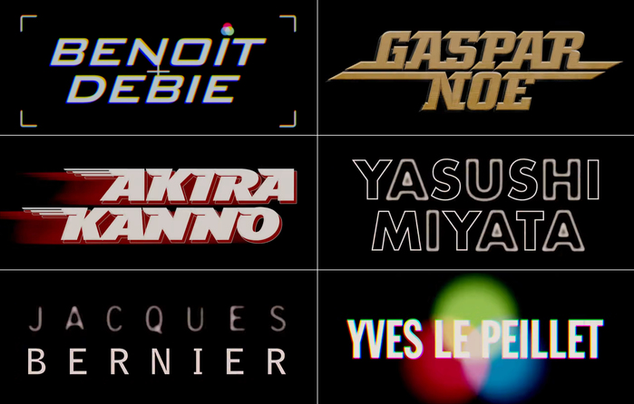 Photography credits with slanted  (Benoît Debie), bold italic  with added and extended top and baseline serifs (Gaspar Noé),  (Akira Kanno), outlined  (Yasushi Miyata),  (Jacques Bernier), and  Extra Condensed (Yves Le Peillet)