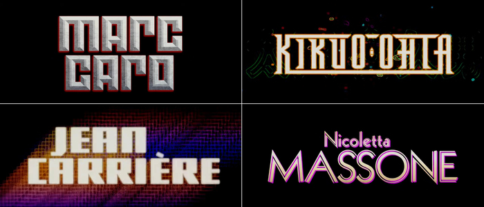 Art credits featuring an unidentified blocky unicase face with 3D bevel effect similar to  (Marc Caro),  (Kikuo Ohta), another unidentified blocky sans (Jean Carrière), and  (Nicoletta Massone)