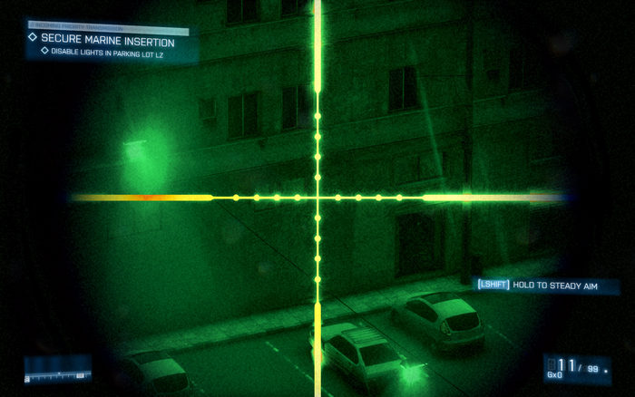 Singleplayer HUD, with health, ammo and objectives displayed