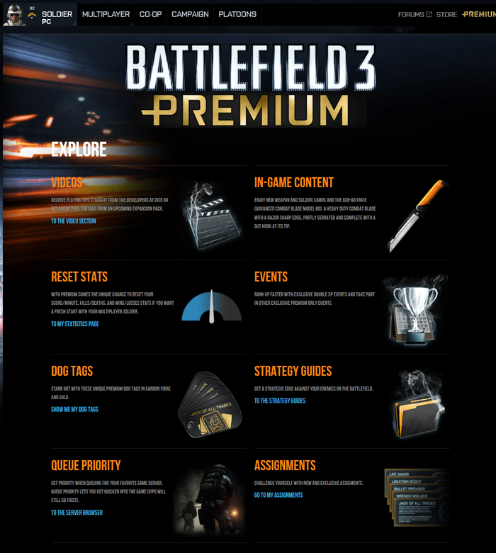 A page on Battlelog advertising Battlefield 3 Premium. Bebas Neue is used with Purista.