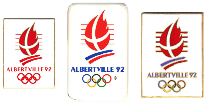Just a small sample from the huge assortment of pins by Collection Olympique &ndash; including versions of the logo in monochrome red and with a golden contour