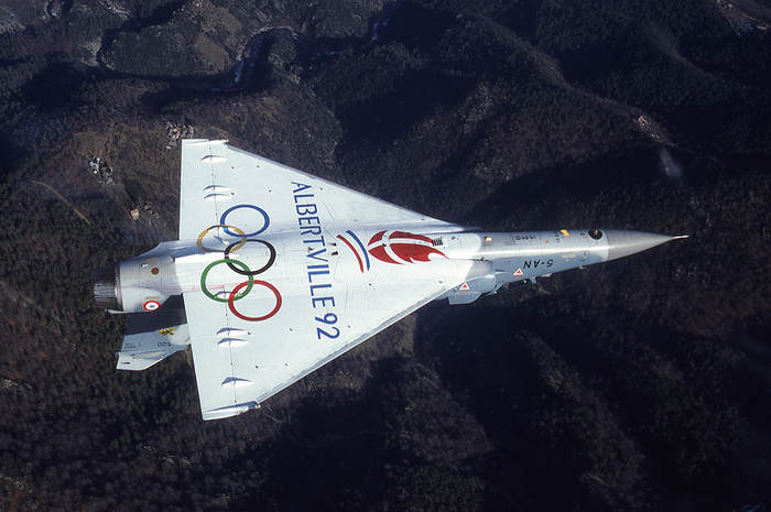 A Mirage 2000B fighter jet by the Arm&eacute;e de l&rsquo;Air (French Air Force) with the Albertville 92 logo