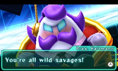 Dialogue from President Haltmann is set in Comic Reggae. Character nametags are in Rodin.