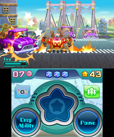 Gameplay screen. &ldquo;Fire&rdquo; is set in Rodin. &ldquo;Drop Ability&rdquo; and &ldquo;Pause&rdquo; are in Carat. Numbers are in Kafu Techno.
