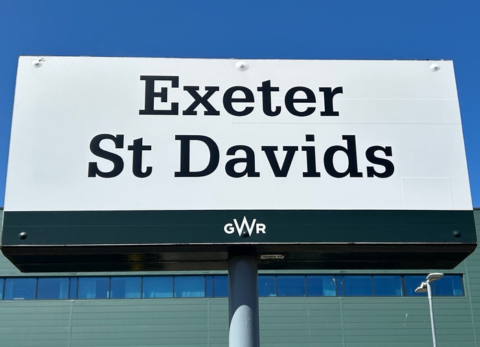 Station sign; Exeter St Davids, two hours from London on the Great Western Railway