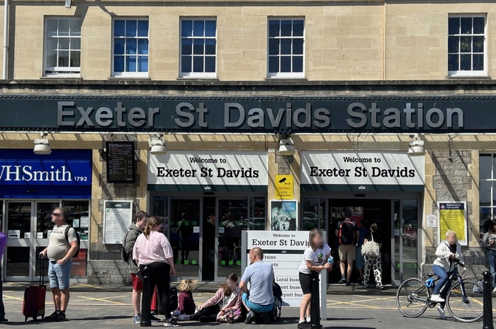 The facade at Exeter St Davids. Probably to save money and effort, the old signage was untouched when the new brand was applied.