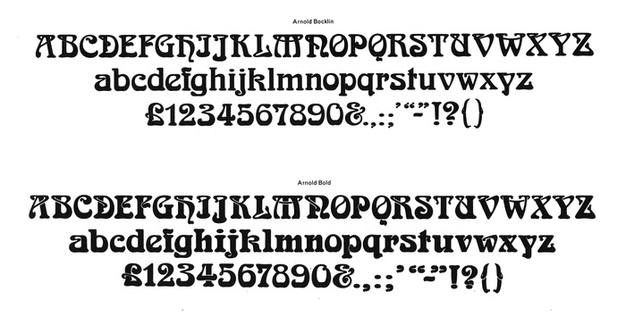 Glyph sets for Arnold Bocklin [sic!] and Arnold Bold as shown in an undated (c.1981) catalog by Face