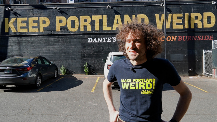 Brian Kidd who wants to Make Portland Weird (Again), on a T-shirt. This time it’s Ad Lib, with what looks like squeezed .