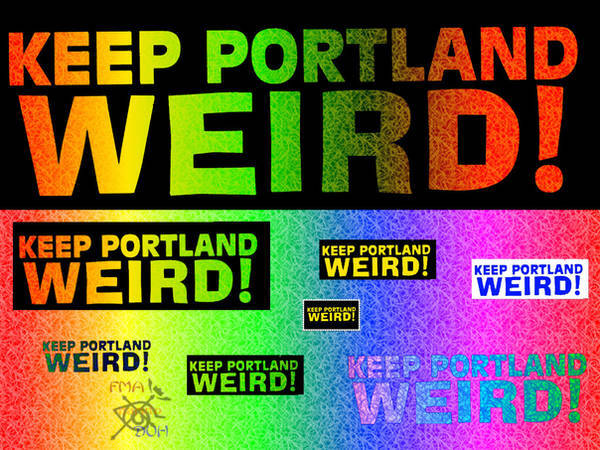 In the spirit of the original two-line slogan, Antique Olive for “Keep Portland” and Ad Lib for “Weird”, with the motif repeated in a few different colour ways.