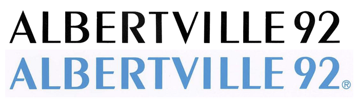 The Albertville 92 wordmark (bottom) as shown in the style guide, compared to the original Peignot demi as shown in a 1937 specimen by Deberny & Peignot. The overall weight was increased a little. Apexes in A and V were made blunt, like in Peignot gras. The counters in A and B were opened up, probably to echo the R. All horizontals were cut off diagonally. The numeral 9 got a more balanced bowl, and the 2 was made narrower.