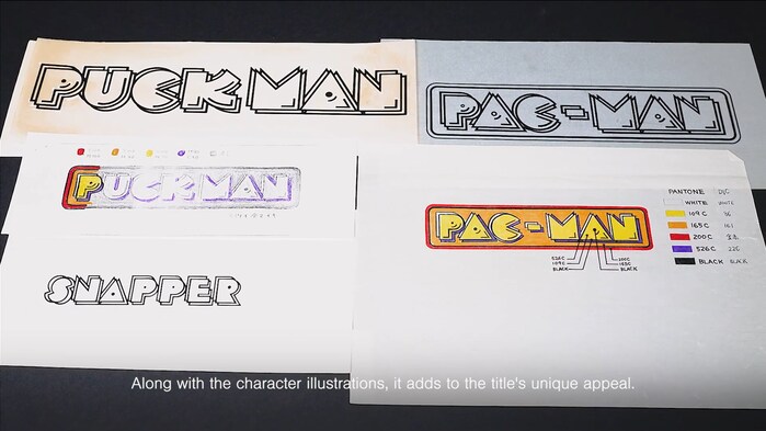 The original design sketches for the Pac-Man logo, by Tadashi Yamashita of Namco. The title was changed from the original Japanese Puck Man, although Snapper was briefly considered instead.