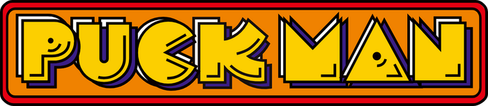 The finalized design of the Puck Man logo, as the game was known in Japan. Note the distinct shape of the letter K.