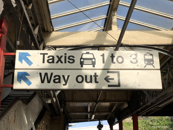 A few surviving BR signs in Rail Alphabet in place at Lancaster station, September 2020