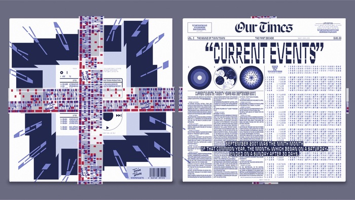 LP No. 3, back and front sides. The 3LP-package concludes with a NYT-esque newspaper front page summarizing of September 2011, the month Twin Town was born. An infinite calendar and an endless staircase look into the future. Notice how the climbing letters turn the TT slogan “always looking for” into “still looking for”