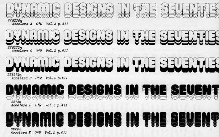 The five variants of Accelera as shown in Photo-Lettering’s One-Line Manual of Styles, 1971