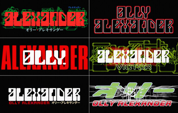 The -inspired face used for Olly Alexander is handmade, as confirmed byo Tom Kan. Other fonts include  and all-caps .