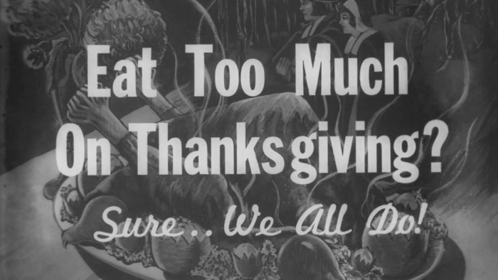 “Eat Too Much on Thanksgiving?” 1950s theatre snipe 1