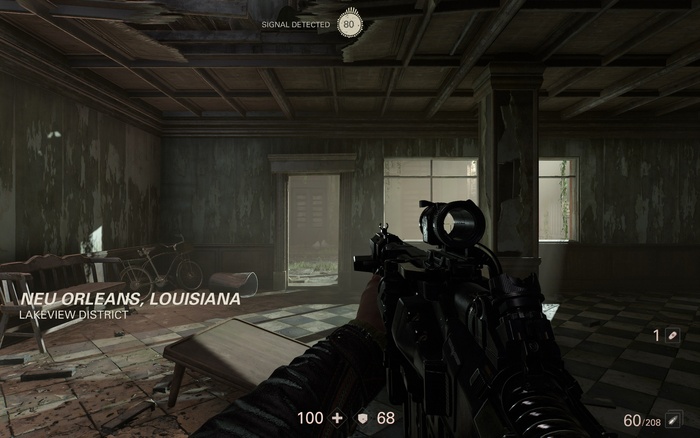 Entering a level. Note how slightly tinted the text is and the weathered effect on the numbers below.