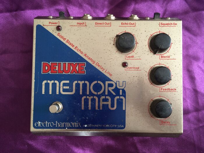 A blue-and-red version of the Electro-Harmonix Deluxe Memory Man from around 1977