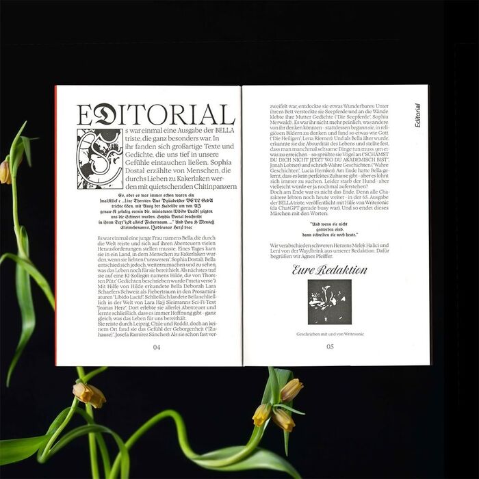 Editorial with a headline in Romie and a stray D from UnifrakturMaguntia. The initial is based on Astloch.