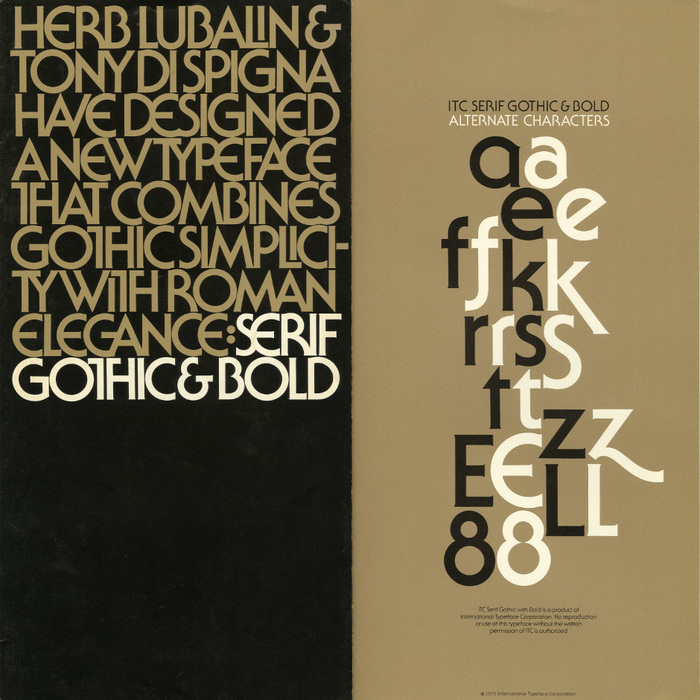 A 1972 promotional brochure for ITC Serif Gothic &amp; Bold, showing the alternate glyphs k and a which were used in the single cover.