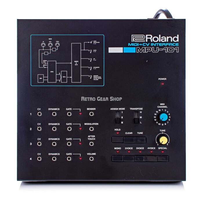 Top control panel of the Roland MPU-100, with model number set in Eurostile and device description set in Corporate Image.