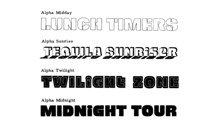 Alpha Midnight might be the most well known phototype of a series that also included Alpha Midday, Alpha Sunrise, and Alpha Twilight. Some have credited John Schaedler, of Tabasco fame, as the designer. Nick Curtis made a digital typeface inspired by Alpha Midnight called Mister Bones NF in 2011. Edit: Shin Oka has identified Hiroshi Yamashita as the designer.