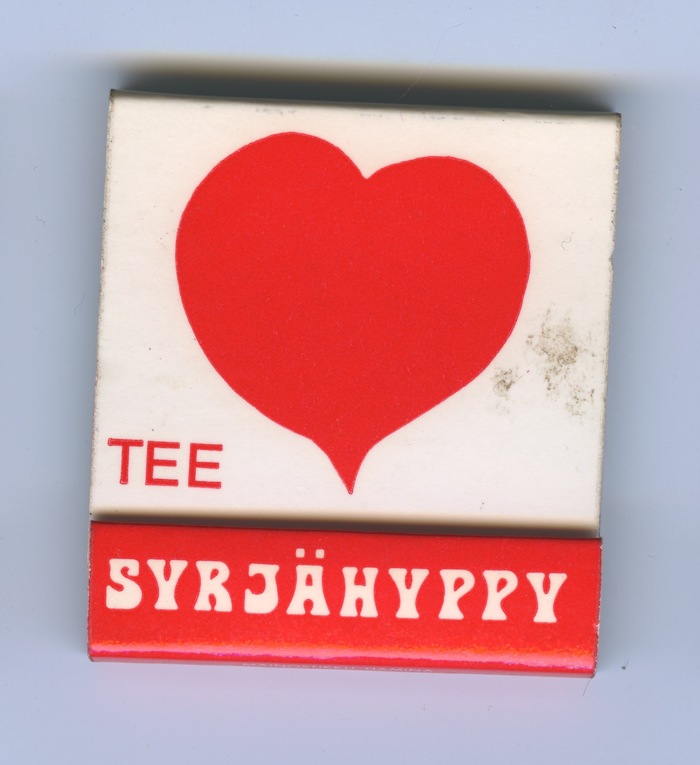The front features a big red heart, accompanied by the text “Tee syrjähyppy” (“do a side jump” = “have a fling”) in caps from  and .