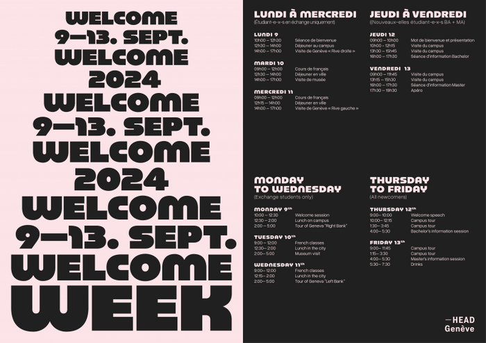 The accompanying sans is yet unidentified. The HEAD Genève logo uses the school’s standard typeface, .
