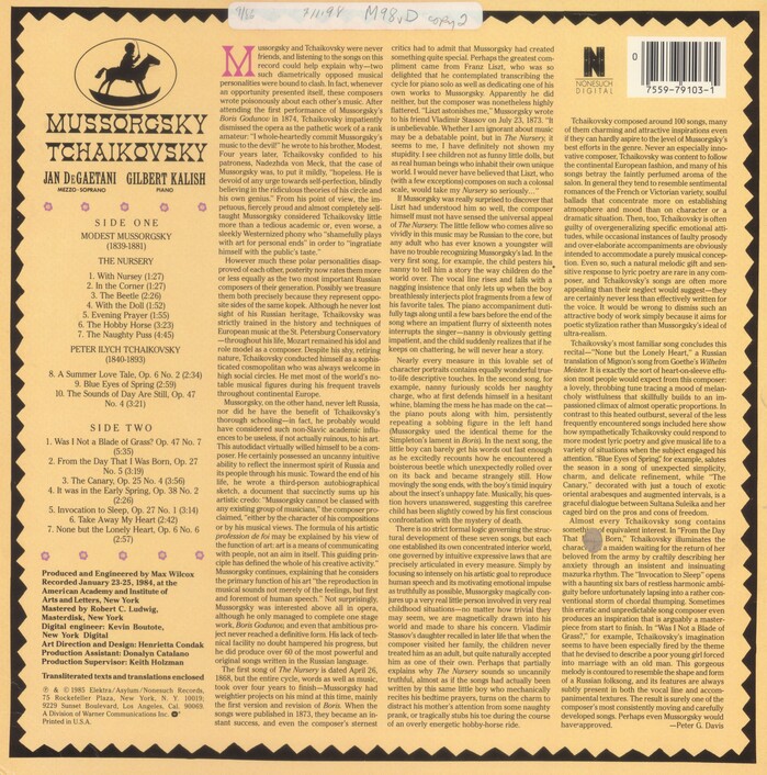 Jan DeGaetani & Gilbert Kalish &ndash; Mussorgsky: Nursery Cycle / Tchaikovsky: Songs album art 4
