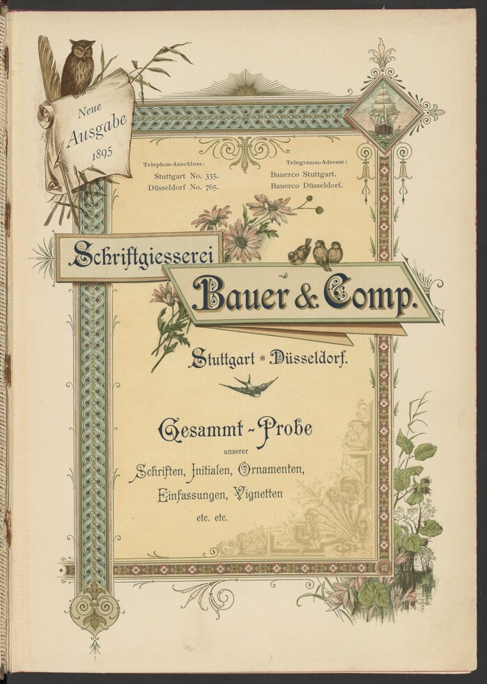 The ornate title page combines Preciosa and Carmen. The small type at the top is set in the English cut of , with oldstyle figures. “Neue Ausgabe 1895” uses the corresponding Kursiv.
