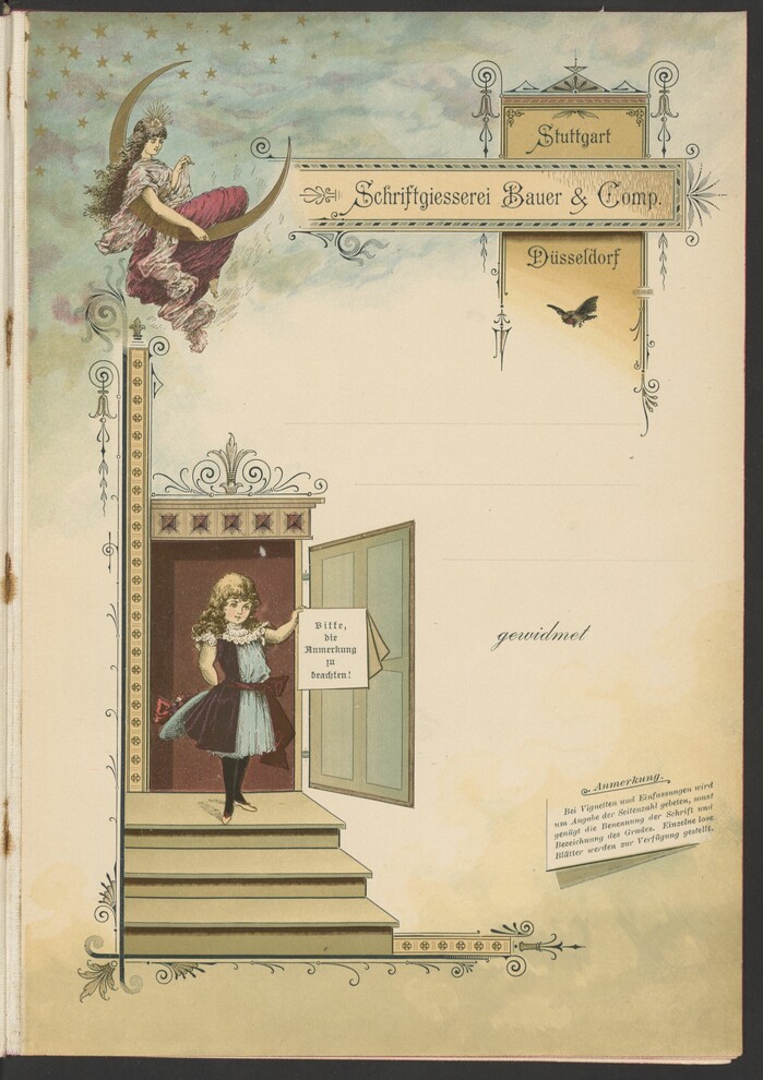 Page with room for a dedication. The company name at the top is in Carmen again. The text integrated in the sign held by the girl on the stairs is set in , “gewidmet” is in , and “Anmerkung” in .