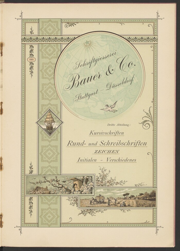 The third section comprises Kursivschriften (“italic typefaces”), Rund- und Schreibschriften (“typefaces for circulars and script typefaces”), Zeichen (“symbols”), Initialen (“initials”) and Verschiedenes (“misc.”). The featured typefaces include Triumph-Schreibschrift, Mediäval-Kursiv, and .