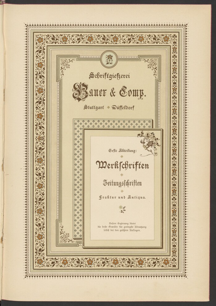 Title page for the first section with Werkschriften (“work[horse] typefaces”) and Zeitungsschriften (“newspaper typefaces”), in Fraktur and Antiqua styles. The typography pairs  and Altdeutsch. The latter is Bauer &amp; Co.’s recutting of . The small text uses their .