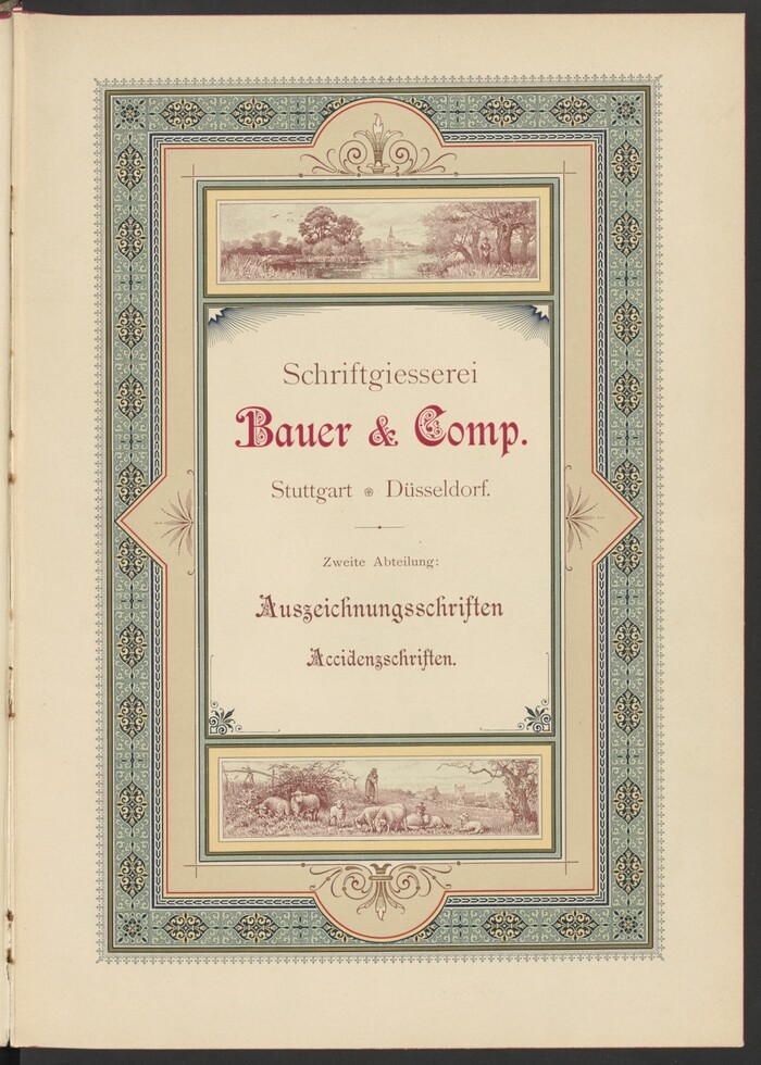 Title page of the second section with Auszeichnungsschriften (“typefaces for emphasis”, i.e, display type) and Accidenzschriften (“jobbing typefaces”), with more Mediäval-Antiqua and Preciosa