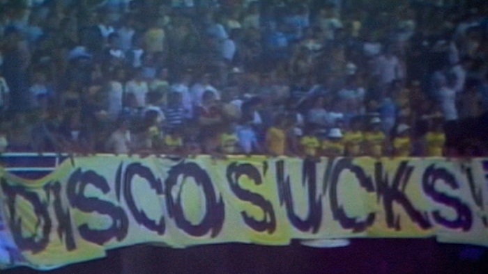 Another angle of the same banner. This still is taken from the American Experience episode “The War on Disco.”