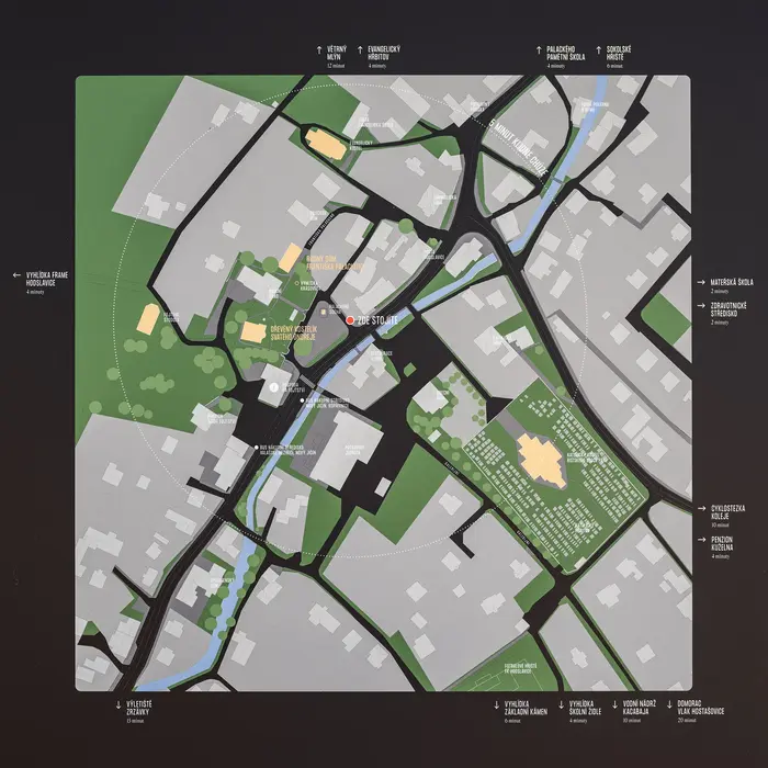 An integrated map unites key landmarks, while all-caps Formula Condensed highlights points beyond the village core.