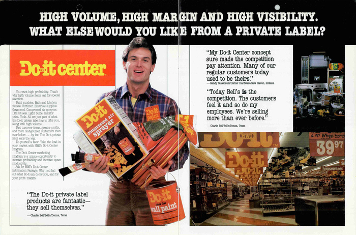 Spread from a corporate brochure highlighting Do It Center’s private label products, which also used ITC American Typewriter for the packaging