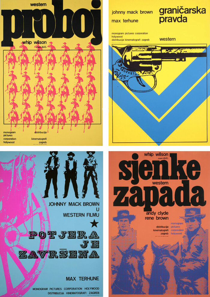 Posters for Proboj (Crashing Thru, 1949), Graničarska Pravda (Range Justice, 1949), Potjera je završena, and Sjenke Zapada