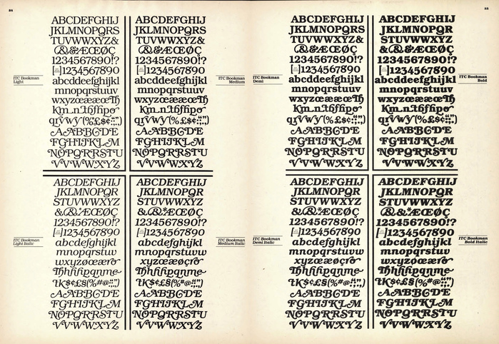 Glyph sets for the eight core styles of ITC Bookman, as show inn U&amp;lc, vol.&nbsp;2, No.&nbsp;4. ITC’s digital version includes most of the original alternates.