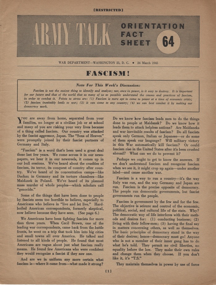 Army Talk Orientation Fact Sheet 64, “FASCISM!”