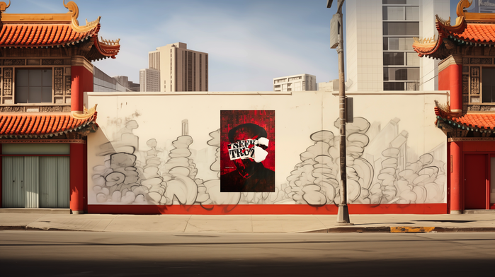 The poster unveiling the launch of Seek Truth, displayed prominently in Chinatown, showcases a provocative depiction: a defaced portrait of Chairman Mao, with the title revealed through a prominent tear. Overlaid onto this image is a gallery displaying all the featured art pieces from the book, serving as a tribute to the courage and sacrifices of Chinese artists. The tearing and paint alterations were executed by hand, photographed from above. The Chinatown landscape is realized through MidJourney AI.