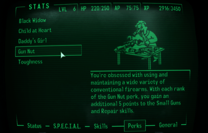 Screenshot showing the various perks in the video game Fallout 3 by Bethesda Softworks