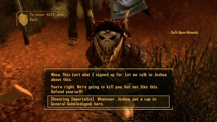 Screenshot showing dialog choices in the video game Fallout: New Vegas by Obsidian Entertainment