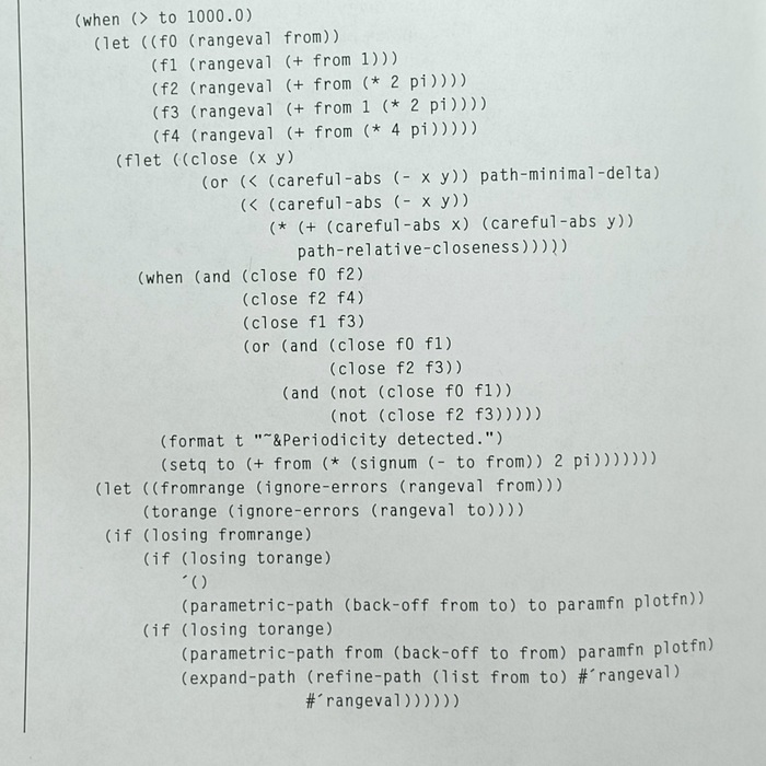 Detail of interior page showing a fragment of the Common Lisp program used to generate the PostScript program used to generate the diagrams (as seen on cover).