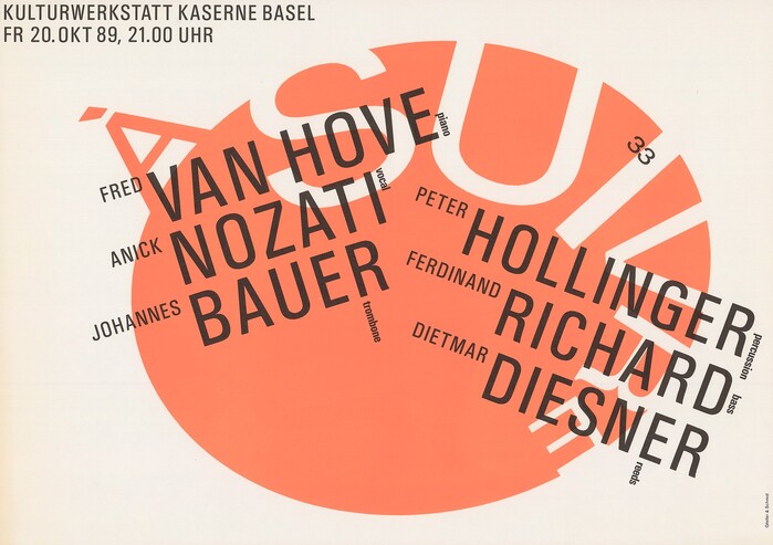 Gfeller &amp; Schmid, 1989, Van Hove – Nozati – Bauer – Holliger – Richard – Diesner – Kulturwerkstatt Kaserne Basel (à suivre 33), Offset, 42×59.4 cm