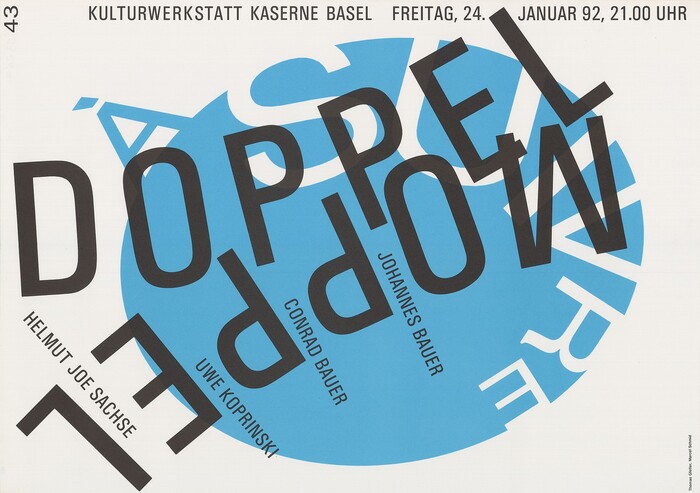 Gfeller &amp; Schmid, 1992, Doppelmoppel – Kulturwerkstatt Kaserne Basel (à suivre 43), Offset, 42×59.4 cm