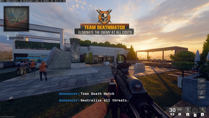 The start of a Team Deathmatch mode. Helvetica can be spotted on the bottom right, used for the ammo counter. The monospaced version also appears here in subtitle form.